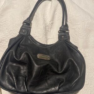 Strada Faux Black Leather Handbag 10” Wide 7” High 9” Holders and Straps